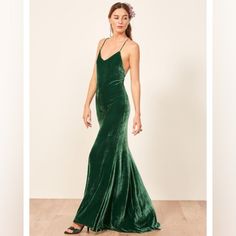 Unlined Pop On Styling Fixed Straps Low Back Plunge V Neck Floor Length 17" Underarm, 54" L + 3" At Back Slip Wedding Dress, Chic Vintage Brides, Velvet Slip Dress, Velvet Maxi Dress, Velvet Maxi, Reformation Dress, Silky Dress, Reformation Dresses, Rimini