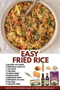 an advertisement for fried rice in a bowl with carrots and other ingredients on the side