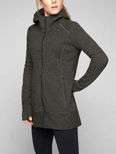 No Results | Athleta - This hoodie with this soft sweater fleece would be so cozy for chilly days when temperatures drop. I like the longer length and zippered pockets to stash what you carry like keys, wallet, etc. when taking a walk or hiking. Hooded Coats, Hiking Training, Sweater Style, Hiking Outfit, Softest Sweater