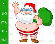 a cartoon santa claus holding a green bag