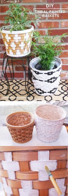 two baskets with plants in them sitting on top of a table next to each other