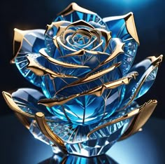 a blue glass rose sitting on top of a reflective surface in front of a black background