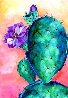 a painting of a cactus with purple flowers