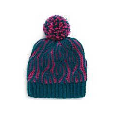 a blue and pink knitted hat with a pom - pom on top