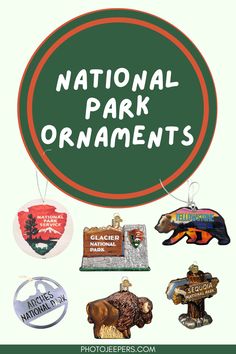 the national park ornament collection is featured in this image, including bears and bear magnets