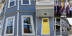 the front and side of a house with blue siding, yellow door and window frames