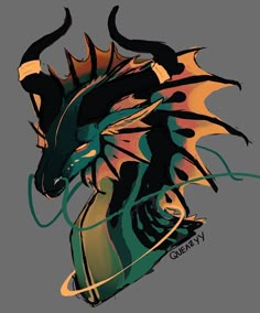 a drawing of a dragon with long, black hair and orange wings on it's head