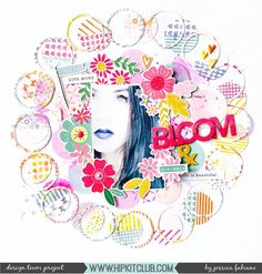 a collage of flowers and buttons with the word bloom in it's center