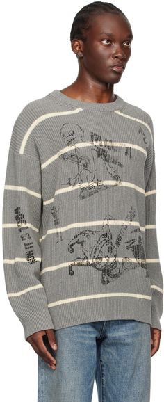 Relaxed-fit garment-dyed rib knit cotton sweater. Stripes and graphics printed throughout. · Crewneck · Dropped shoulders Supplier color: Striped heather grey Boyfriend Sweater, Graphic Inspiration, Custom Ideas, Men Shirt, Knitwear Men, Men Shirt Style, Fashion Images, Knit Cotton, Cotton Sweater