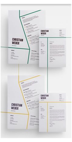 three different types of resumes on white paper with green and yellow lines around them