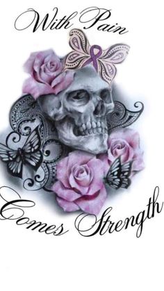 a skull with roses and butterflies on it's head is in the middle of an image