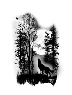 a bear is walking through the woods with birds flying around it and trees in the background