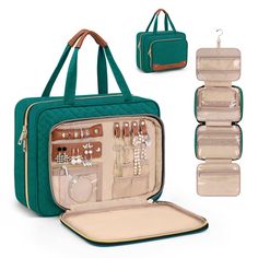 an open green bag with jewelry hanging from it's front and two compartments in the back