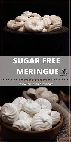 sugar free meringue in a wooden bowl on top of a table with text overlay