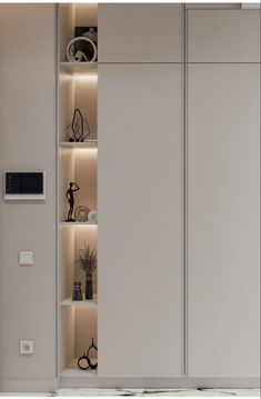 a white cabinet with shelves and lights in it