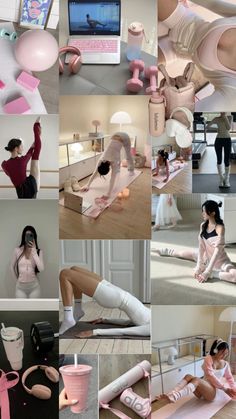 many different pictures of women doing various things in the room with their legs spread out