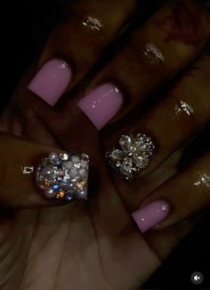 One Color Nails With Rhinestones, Gold Birthday Nails Short, Silver Nails With Charms, Glam Short Nails, Sassy Nails