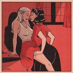 an image of two women kissing each other in front of a red background with the words vintage art for you