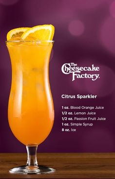 the cheesecake factory citrus sparkler is on display in front of a purple background