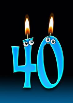 the number forty with two candles in front of it and eyes on each candle are lit