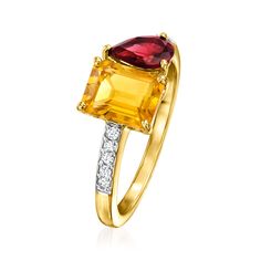 Ross-Simons - 1.70ct Citrine, .90ct Garnet Toi et Moi Ring, .11ct t. w. Diamonds. Size 8. French for "you and me," Toi et Moi rings are a unique way to celebrate a special relationship in your life. Wear our on-trend, two-stone designs as a sentimental symbol of romance, friendship, family - or simply treat yourself to double the sparkle! This beauty features a 1.70 carat emerald-cut citrine beaming beside a rich .90 carat pear-shaped garnet on a slender 14kt yellow gold band studded with .11 ct Garnet Birthstone, January Birthday, Beauty Features, Stone Design, Gold Band, Round Brilliant Cut Diamond, Emerald Cut, Gold Bands, Pear Shaped