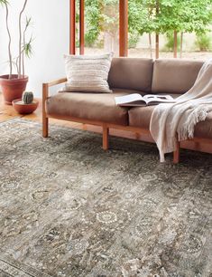 a living room area with a couch, rug and potted tree in the background