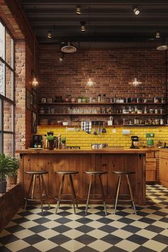 an industrial style kitchen with checkered flooring and brick walls, along with two bar stools