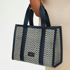 Navy & Ivory Small Henley Woven Leather Tote | Aspinal of London Structured Travel Bag With Leather Handles, Modern Travel Satchel With Woven Leather, Modern Woven Leather Satchel For Travel, Modern Woven Leather Travel Satchel, Nautical Aesthetic, Woven Leather Tote, Woven Leather Bag, Gold Rate, Statement Bag