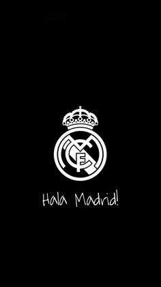 the real madrid logo is shown on a black background with white letters and a crown