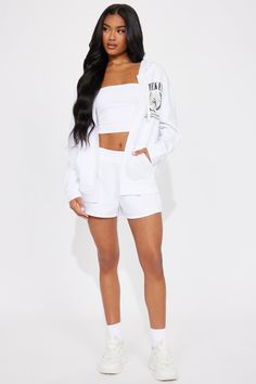 Available In White. Short Set Sweatshirt Zip-Up Hoodie Front Pocket Graphic On Front And Back Sweatshorts Elastic Waistband Disclaimer: Due To The Printing Process A Difference In Saturation May Occur. Each Garment Is Unique. 100% Cotton Imported | Weekend Abroad Short Set in White size Small by Fashion Nova Search By Photo, Service Women, Jean Top, White Short, Jeans Jumpsuit, Short Set, Zip Sweatshirt, Matching Dresses, White Fashion