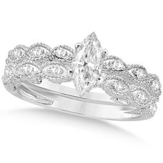 Win her heart with Marquise Antique Style Lab Grown Diamond Bridal Set.  This lovely 14k white gold bridal set features a total of 16 sparkling lab grown diamond side stones on marquise-shaped bands with milgrain edges. The engagement ring comes with a beautiful preset 0.92 carat (approximate) marquise lab grown diamond center stone.  #bridalsetnecklace #bridalsetbangles #bridalsetcollection #bridalsetdesign #bridalsetdiamonds #bridalsetexclusive #bridalsetforsale #lbridalset #bridalsetonline Allurez Jewelry, Engagement Ring Wedding Band Set, Engagement Rings Wedding Bands Set, White Gold Bridal Set, Marquise Cut Engagement Ring, Antique Diamond Engagement Rings, Sparkly Ring, Antique Wedding Rings, Antique Diamond Rings