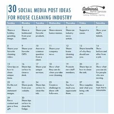 the 30 social media post ideas for house cleaning industry is shown in this table chart