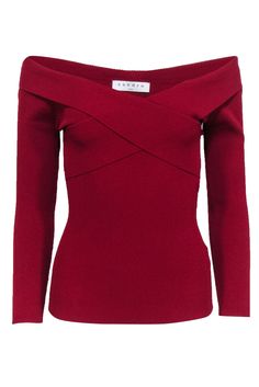 Current Boutique-Sandro - Red Off-the-Shoulder Cross-Front Ribbed Knit Top Sz 6 Stretch Off-shoulder Top For Winter, Elegant Off-shoulder Knit Top For Fall, Red Off-shoulder Tops For Fall, Fall Season Red Off-shoulder Tops, Fall Off-shoulder Red Tops, Stretch Knit Top For Evening In Fall, Winter Off-shoulder Tops For Night Out, Chic Red Knit Top For Fall, Red Off-shoulder Top For Spring