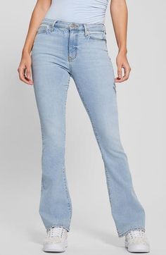 A groovy flare-leg silhouette with a classic mid rise packs a stylish punch in light-wash jeans softened with just a hint of easy-moving stretch. 32" inseam; 10" leg opening; 10 1/2" front rise; 14 1/2" back rise Zip fly with button closure Five-pocket style 78% cotton, 20% polyester, 2% elastane Machine wash, tumble dry Imported Casual Summer Jeans With Flared Hem, Casual Flared Hem Jeans For Summer, Light Wash Wide Leg Flares For Spring, Blue Flared Hem Flares For Spring, Blue Flares With Flared Hem For Spring, Casual Medium Wash Flare Jeans With Flared Hem, Casual Medium Wash Jeans With Flared Hem, High Rise Light Wash Stretch Flares, Casual Medium Wash Flare Jeans