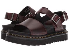 Dr. Martens Voss - Women's Sandals : Charro Brando : The Dr. Martens Voss sandal has a smooth, sleek style that will be a standout this summer! Soft Hydro leather or Brando leather upper. Two leather straps with adjustable metal buckles. Goodyear® welted construction provides durability with an upper and sole that are heat-sealed and sewn together. Soft, breathable man-made lining. Lightly cushioned man-made footbed provides underfoot comfort and support. Built on the super-lightweight Ziggy out Doc Martens Aesthetic, Voss Sandals, Dr Martens Voss, Dr Martens Womens, Summer Soft, Shoe Size Conversion, Sleek Fashion, Dream Shoes, Casual Sandals