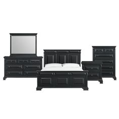 a black bedroom furniture set with mirror and dresser, bed and night stand on white background