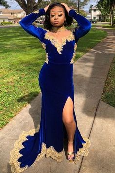 Velvet Long Sleevess Mermaid Front Split Gold Apliques Formal Dresses Royal Blue Long Sleeve Prom Dress Mermaid, Gold Prom Dresses, Royal Blue Prom Dresses, Mermaid Evening Gown, Long Sleeve Prom, Azul Real, Dresses Royal, Royal Blue Dresses, Prom Dresses With Sleeves