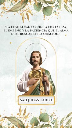 an image of jesus holding the chalice in front of flowers and leaves with spanish text