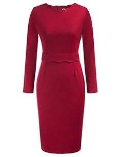 Wine Long Sleeve Women's Casual Bodycon Tube Dress Scalloped Neck Midi Pencil Dress Wear To Work Dresses Grace Karin Red Pencil Dress, Stretchy Bodycon Dress, Scalloped Neckline, Red Pencil, Wear To Work Dress, Work Dresses For Women, Midi Pencil Dress, Elegant Outfits, Work Dresses