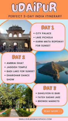 an advertisement for udapur, the perfect 3 - day india itinerary