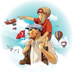 a man holding a child on his shoulders in the sky with hot air balloons behind him