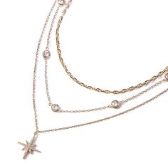 description A star-studded layered trio consisting of three necklaces. Mix and match with our patented design for different looks! end description custom-1-title Crystal Choker end custom-1-title custom-1 CZ Diameter: 5mm Chain length: 13-19in (33-48cm), 15-21in (38-53cm) end custom-1 custom-2-title Marina Chain end custom-2-title custom-2 Italian Anchor chain width: 2mm Chain length: 13-19in (33-48cm), 15-21in (38-53cm) end custom-2 custom-3-title Celeste Starburst end custom-3-title custom-3 S Necklaces Unique, Delicate Gold Jewelry, Three Necklaces, Layered Choker Necklace, Anchor Chain, Layered Chokers, Layered Necklace Set, Three Star, Star Pendant Necklace