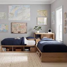 a bedroom with a bed, bookshelf and desk