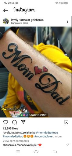 a man's arm with the word mom dad tattooed on it and two hearts