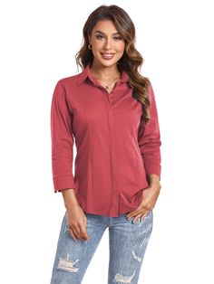 PRICES MAY VARY. MATERIAL:95%Cotton,5%Spandex, skin-friendly, well stitching, high quality which specializes for curvy woman. DESIGN: The button down 3/4 sleeve shirts comes with basic plain tops, slim fit design which is for elegant shape of you. OCCASION: Suit for all occasions like daily, work, party, dating etc. simply casual, soft and comfortable to wear. Confidence with you wherever you go. Tips: Please choose a correct size from our size chart only in the picture area on the left. Washing Solid Color Half Sleeve Shirt With Button Closure, Half Sleeve Shirt With Button Closure, Solid Color Half Sleeve Office Top, Office Half-sleeve Solid Color Tops, Office Half Sleeve Tops, Solid Half Sleeve Top With Button Closure, Office Tops With Roll-up Sleeves, Half Sleeve Shirt For Workwear, Half Sleeve Shirt For Work