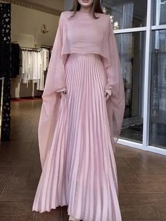 Aldigoods Women Elegant Pink Party Evening Dresses 2024 New Spring Autumn Batwing Sleeves Pleated A-Line Maxi Dresses Pink Bridesmaid Gowns, Evening Maxi Dresses, Princesa Sophia, Hijabi Fits, A Line Maxi Dress, فستان سهرة, Maxi Dress Evening, Modest Fashion Outfits, Abayas Fashion