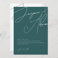 the modern calligraphy wedding card is shown in teal