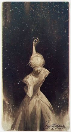 a drawing of a woman in a white dress with her hand up to the sky