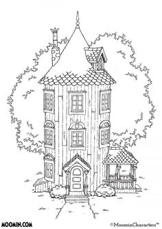 a drawing of a house with trees and bushes in the front, on a white background