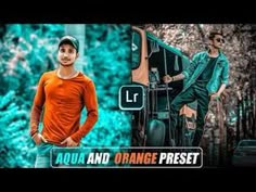 two men in orange shirts standing next to each other and the words aqua and orange preset